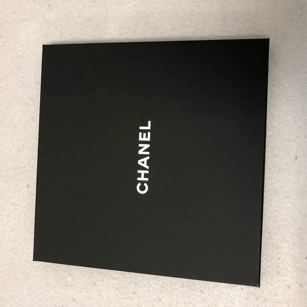 Chanel Gift Box Shopping Bag Gift Set 9.5x9.5x1 Black Logo Tweed Ribbon